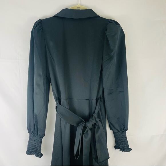 EUC Rachel Parcell Long Sleeve Hammered Ruffled Satin‎ Wrap Dress Black size XXS - Picture 10 of 12
